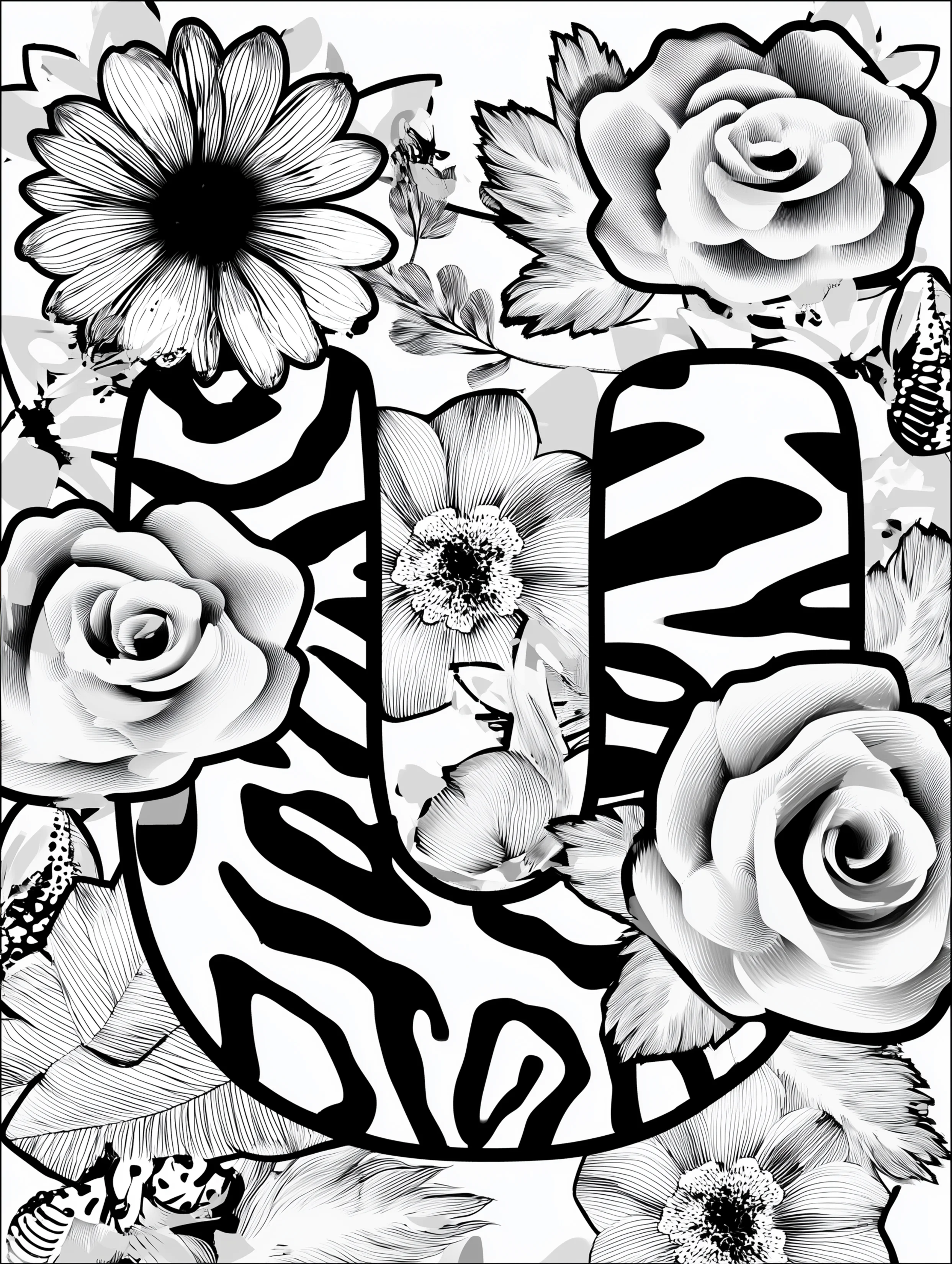 Free printable letter coloring page for adults featuring the letter U with floral designs